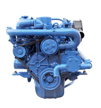 New 60hp blue marine diesel engine isolated on white