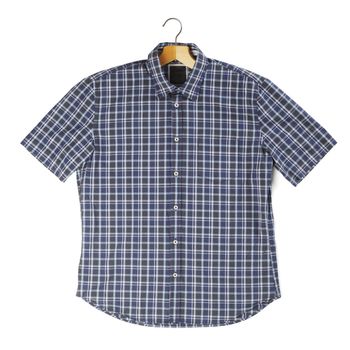 Men's short sleeved plaid cotton shirt on a hanger