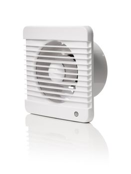 A white bathroom exhaust ventilation fan on reflective background