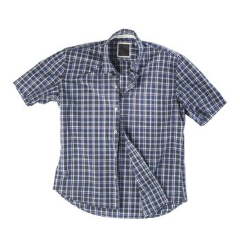 Men's short-sleeved blue plaid cotton shirt on white