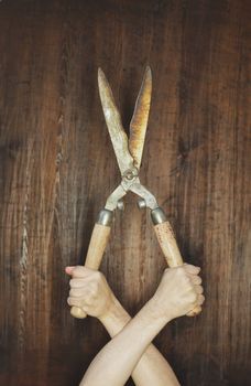 Man holding old manual hedge trimmer in a strange way.