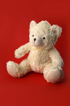 White teddy bear on red