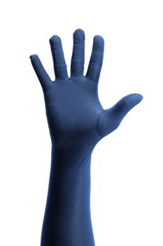 A Hand wearing blue glove over white background