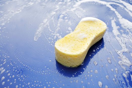 Yellow soapy sponge on the hood of a blue car.