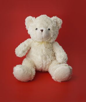White generic teddy bear sitting on red