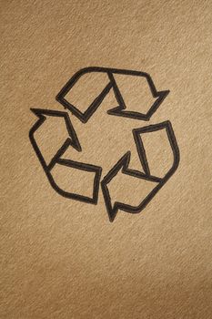 "Recyclable" universal symbol printed on brown cardboard.