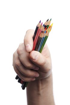 Man holding colored pencils in his hand