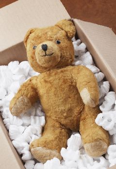 Vintage generic teddy bear in a cardboard box