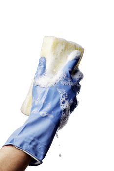 Man holding a soapy sponge and a rubber glove on his hand.