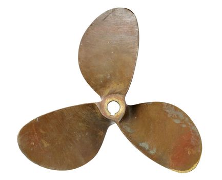 Old three-blade bronze boat propeller on white