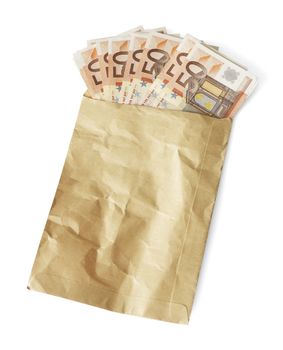 50 euro bills in a brown envelope, isolated on white with natural shadows.