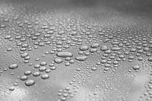 Droplets on a car. Short depth of field. The image may appear grainy, but it's caused by the metallic paint.