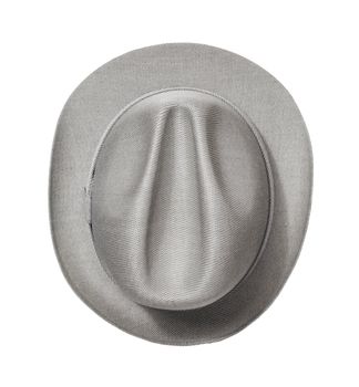 Vintage grey trilby hat isolated on white, view from above.