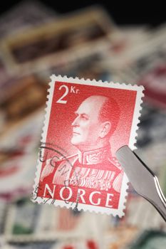 King Olav V of Norway on an old Norwegian stamp ca 1959.