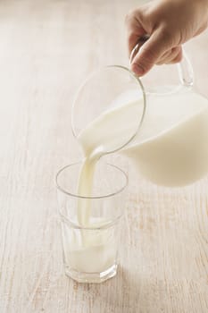 Milk being poured from a pitcher to a glass