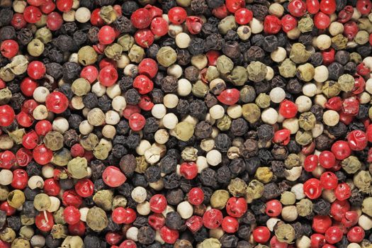 A mix of black, green, red and white peppercorns.