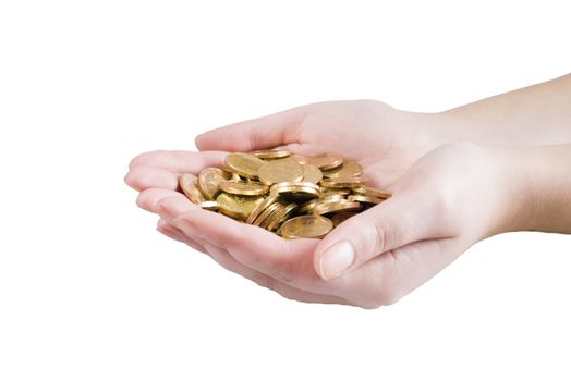 golden coins in woman hands on white background