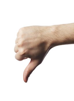 Man making a "thumb down" gesture with his hand.