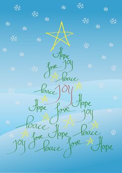 Christmas card or background, tree with yellow star and hand written greetings