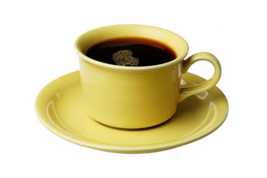 Yellow cup of black coffee isolated on white