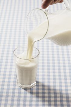 Milk poured from a pitcher to a glass