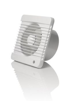 A white bathroom exhaust ventilation fan on reflective background