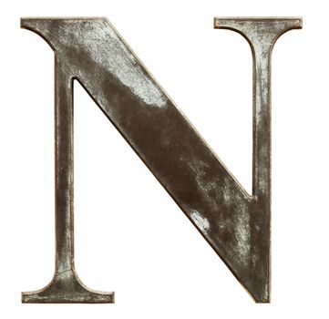 Worn and dirty metallic letter N isolated on white