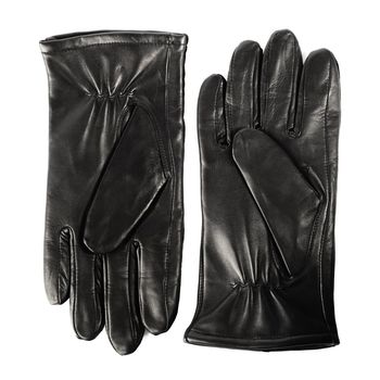 Pair of new men's black leather gloves isolated on white.