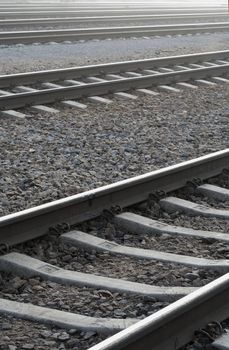 Modern railroad rails in mist