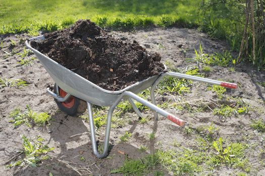 Wheel barrow in garden setting