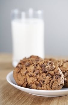 Chocolate chip cookies on a plate and a glass of milk in the background