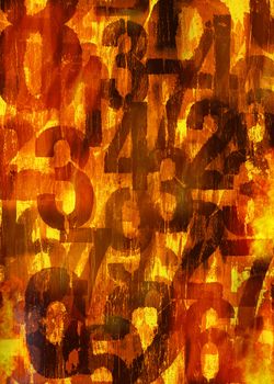 Grunge worn numbers in flames, image manipulation background texture.
