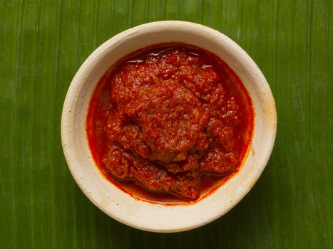 close up of a bowl of sambal chili sauce