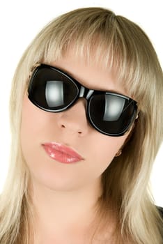 closeup portrait of blond woman in sunglasses on white background