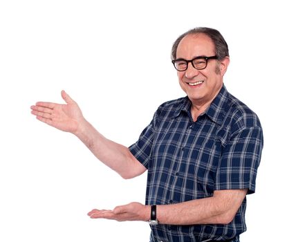 Aged male representing copy space area isolated over white background