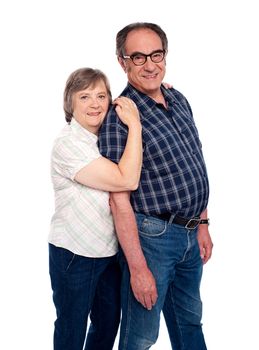 Woman resting on her mans shoulder isolated on white background