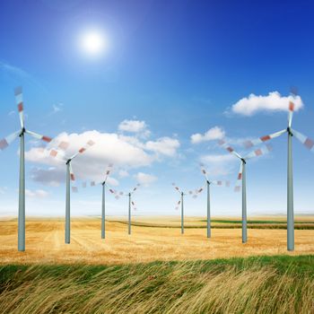 Wind turbine generate electricity on a sunny day