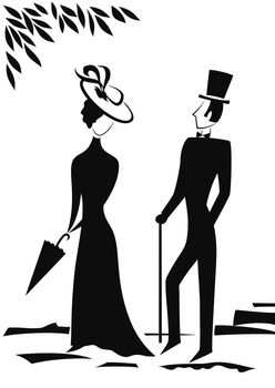 Gentleman and Lady in park, symbolic vintage style, black silhouette on white background. Vector illustration