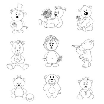 Set teddy bears with holiday greeting objects and toys, black contour on white background. Vector illustration