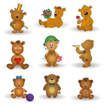 Set teddy bears with holiday greeting objects and toys, black contour on white background. Vector illustration