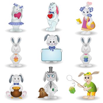 Set toy rabbits with holiday greeting objects. Vector illustration