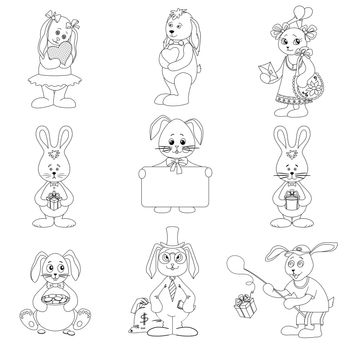 Set toy rabbits with holiday greeting objects, black contour on white background. Vector illustration