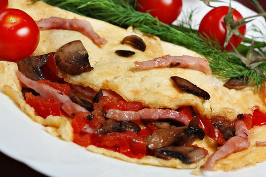 omelet with meat on a plate with vegetables.