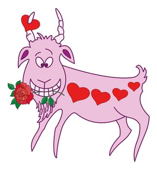 Funny cartoon goat with holiday Valentine red hearts and roses in their teeth