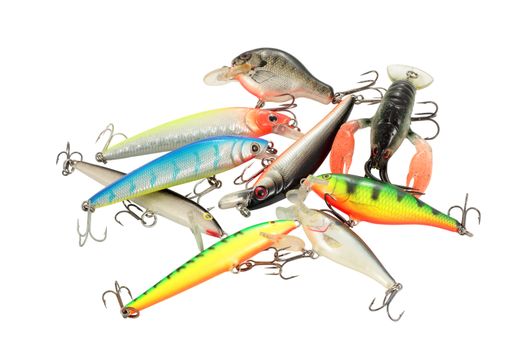 group of lures imitations of fish and crabs of all colors for the cut and isolated fishing