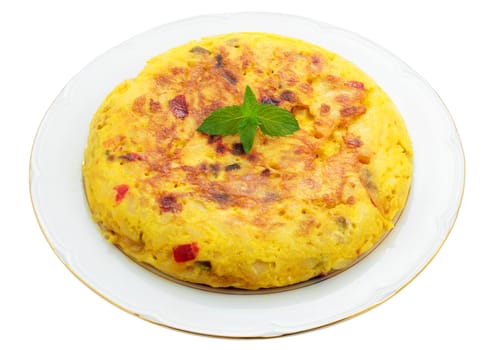 plate with traditional spanish omelet made at home with potatoes eggs peppers and onion isolated and clipped with path