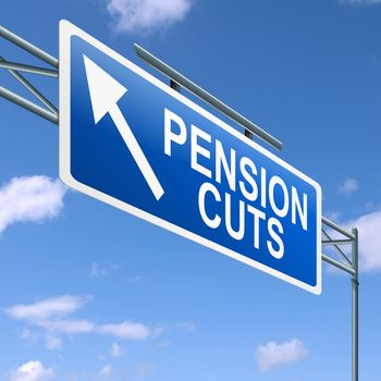 Illustration depicting a highway gantry sign with a pension cuts concept. Blue sky background.