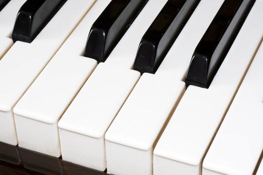 Closeup perspective view of a piano keyboard