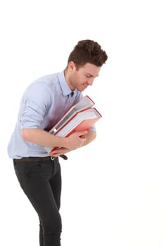 vertical portrait of young employee with folders