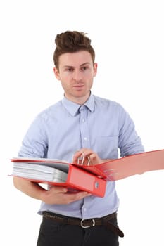 Young man isolated on white background holding folders